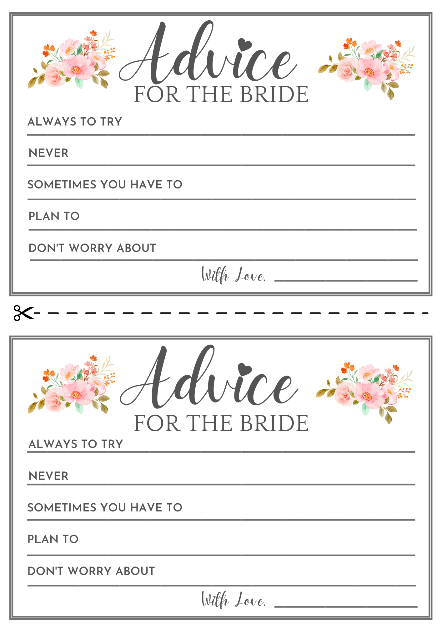 5 Free Printable Bridal Shower Advice Cards Perfect For The Bride To Be Smart Party Ideas